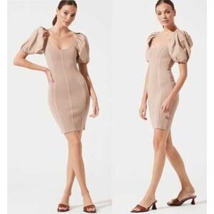 ASTR Beige Nude Balloon Sleeve Ribbed‎ Bodycon Mini Dress Size Small NWOT